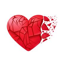 Broken heart sealed isolated. Red glass shards. Vector realistic illustration