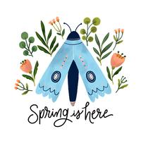 Cute Blue Butterfly With Botanical Flowers And Leaves Around vector