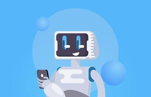 Chat Bot gratis fondo de pantalla. El robot sostiene el teléfono, responde a los mensajes. Vector ilustración plana