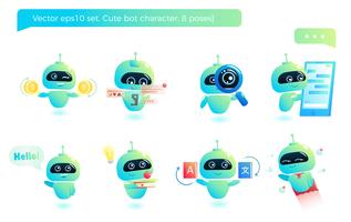 Lindo conjunto de caracteres bot. Chatbot saluda. Consulta online. Ilustración vectorial de dibujos animados vector