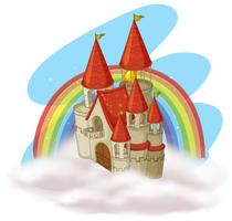 Un castillo de cuento de hadas y un arco iris vector