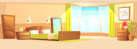 Bedroom interior modern flat with a bed, nightstand, wardrobe and window and plant. Vector cartoon illustration