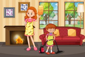 Mother and daughter cleaning house vector