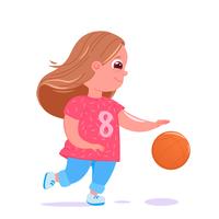 Cute baby girl playing basketball with a ball. Player's team modern uniform. Healthy activities. Vector cartoon illustration
