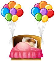 Chica en la cama con globos de colores en los lados vector