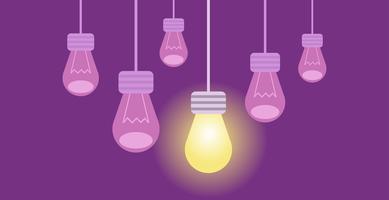 Innovation banner. Several lamps on a purple background, one of which lights the rest off. Vector flat illustration