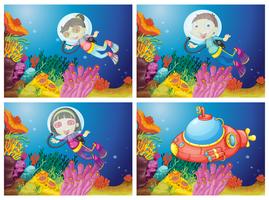 Kids scuba diving under the sea vector