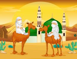 Muslim men on camels in the desert vector