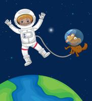 Astronauta y perro viajan en el espacio. vector