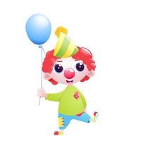 A little boy clown character juggles and jokes and stands with a balloon at the bottom of the birthday . Vector cartoon illustration