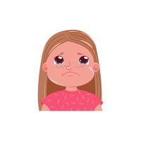 Little cute girl is crying. Sad emotion child with tears in his eyes. Vector cartoon illustration