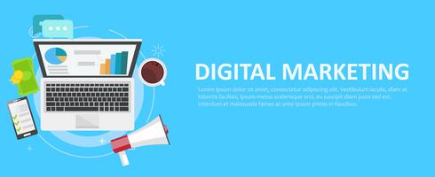 Banner de merketing digital. Lugar de trabajo con computadora portátil, café, papel, dinero, teléfono Vector ilustración plana