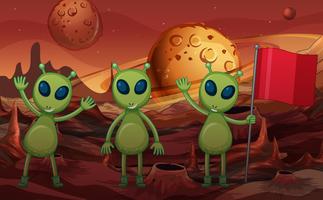 Green aliens and red flag on planet vector