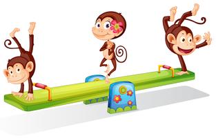 Three playful monkeys playing with the seesaw vector