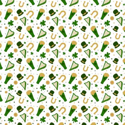 St. Patrick's Pattern With Hat, Beer, Clover, Coin And Harp