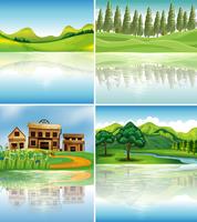 Four background scenes with reflections on river vector