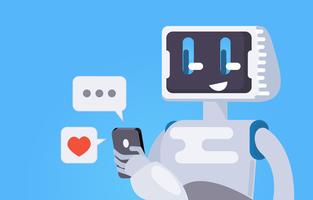 Chat Bot Free Wallpaper. The robot holds the phone, responds to messages. Vector flat illustration