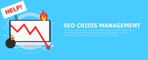 Seo crisis management. Computer is on fire, bomb, table Help.Vector flat illustration vector