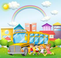 Children and school bus in the park vector