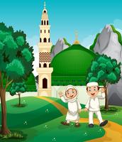 Happy muslim in front of mosque vector