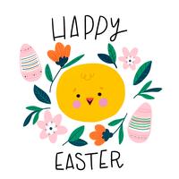 Cte Little Chicken Smiling With Pink Eggs, Flowers And Leaves vector