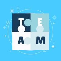 Team work banner. White blue set with painted puzzles. Vector flat illustration