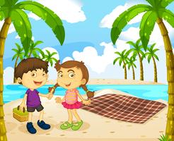 Boy and girl picnic on the beach vector