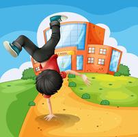 Un niño haciendo breakdance en la escuela. vector