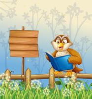 Un búho leyendo un libro al lado de un letrero de madera. vector