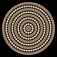 Round pattern made with golden chains and pearls. On black. Vector illustration