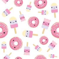 Seamless pattern. cute kawaii styled ice cream and pink glazed donuts. vector