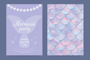 Party invitation. Holographic fish or mermaid scales, pearls and frame. Vector illustration