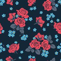 Rosas rojas y flores del myosotis en fondo azul marino. Patrón sin costuras Vector illustartion