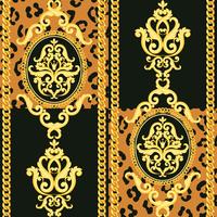 Patrón de damasco sin fisuras. Oro en textura de leopardo negro y animal con cadenas. Ilustración vectorial