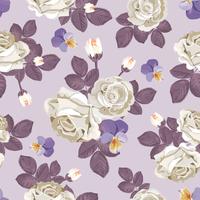 Retro floral pattern. White roses with violet leaves, pansies on light purple background. 