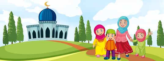 Muslim family in front of mosque vector