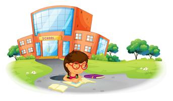 A girl writing in the hole near the school vector