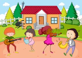 Children playing music infront of house vector