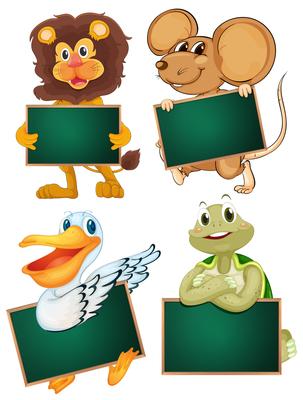 Wild animals holding blank boards