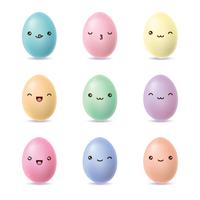 Huevos de Pascua felices fijados. Huevos de Kawaii con las caras lindas en el fondo blanco. Ilustración vectorial vector