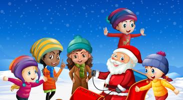 Children and santa claus in winter background vector