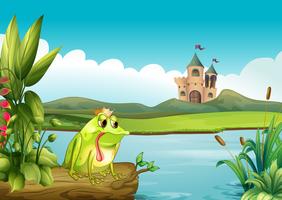 A frog above a floating trunk across the castle vector