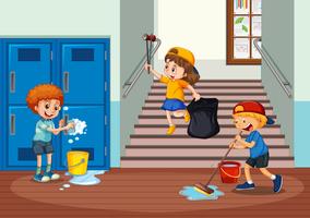 Niños voluntarios limpiando el pasillo de la escuela. vector