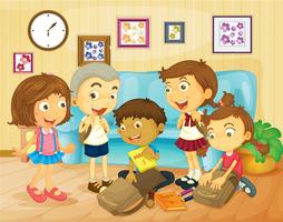 Boys and girls packing bags in the room vector