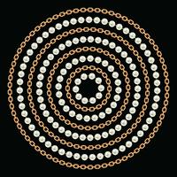 Round pattern made with golden chains and pearls. On black. Vector illustration