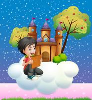 A boy reading a book in front of the floating castle vector