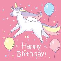Preciosa unicornio Sobre fondo rosa con globos y texto de feliz cumpleaños vector