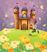 A boy running in front of the castle with flowers  vector