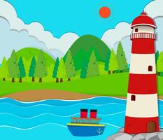 Ocean scene with lighthouse and ship vector