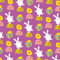 Easter bunny and chicks pattern on purple vector